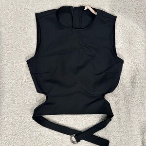 Trendy Black crop top with attached waist belt. Thick dressy, stretchy material